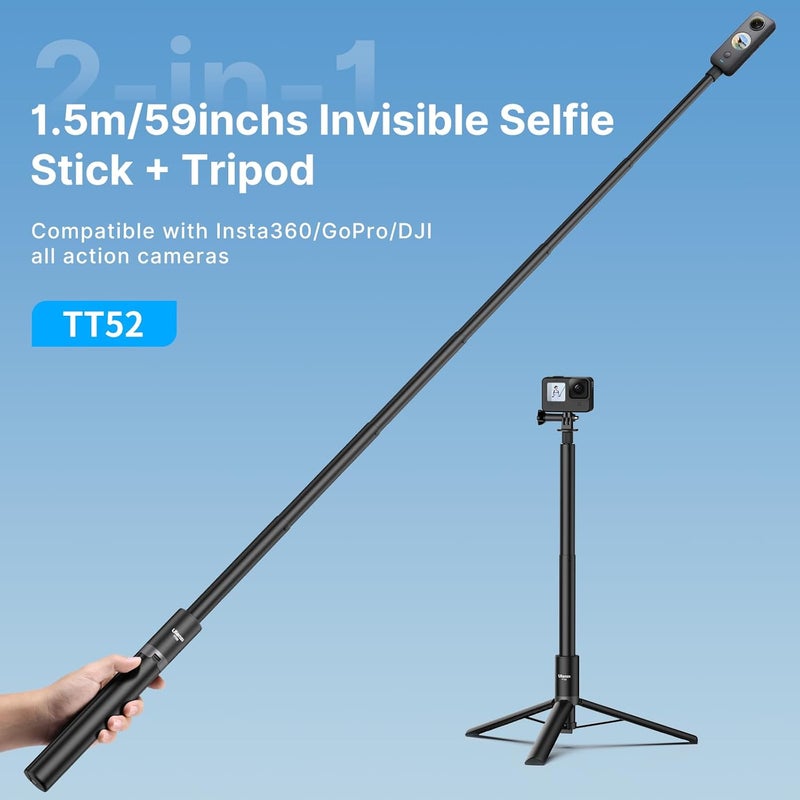 jusmo 59in Invisible Selfie Stick Tripod for Insta360 X5/X4/X3/ONE X2/GO 3s/DJI Osmo 360, ULANZI TT52 Extension Pole Adjustable Waterproof Handle Grip for GoPro, DJI Osmo Pocket 3 Action 5 Pro/4 - Image 2